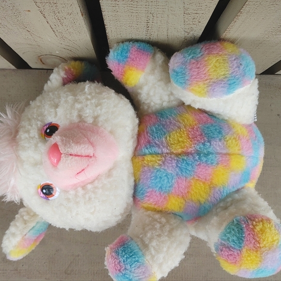 House Of Lloyd Wool Plush Lamb Pastel Checkered Stuffed Animal Sheep Vtg Easter - Picture 11 of 16
